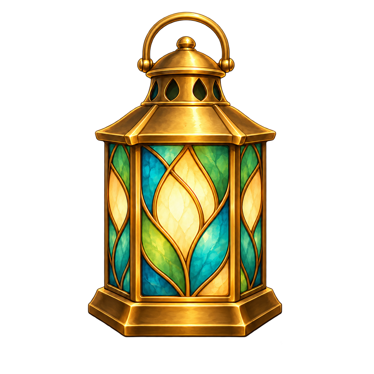 Lumenwoven's glowing stained glass lantern in warm amber and sea green.