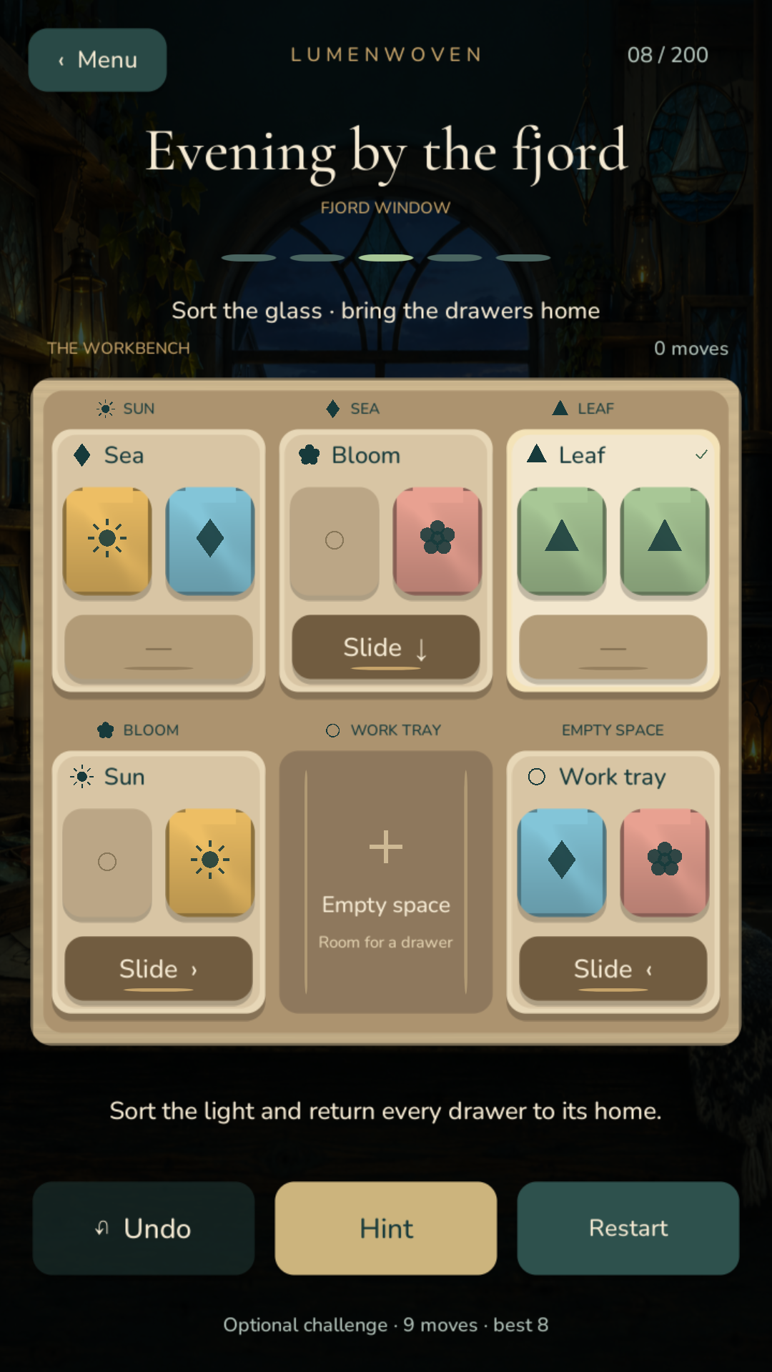 Puzzle 8 with coloured glass, sliding wooden drawers, and Undo, Hint and Restart controls.