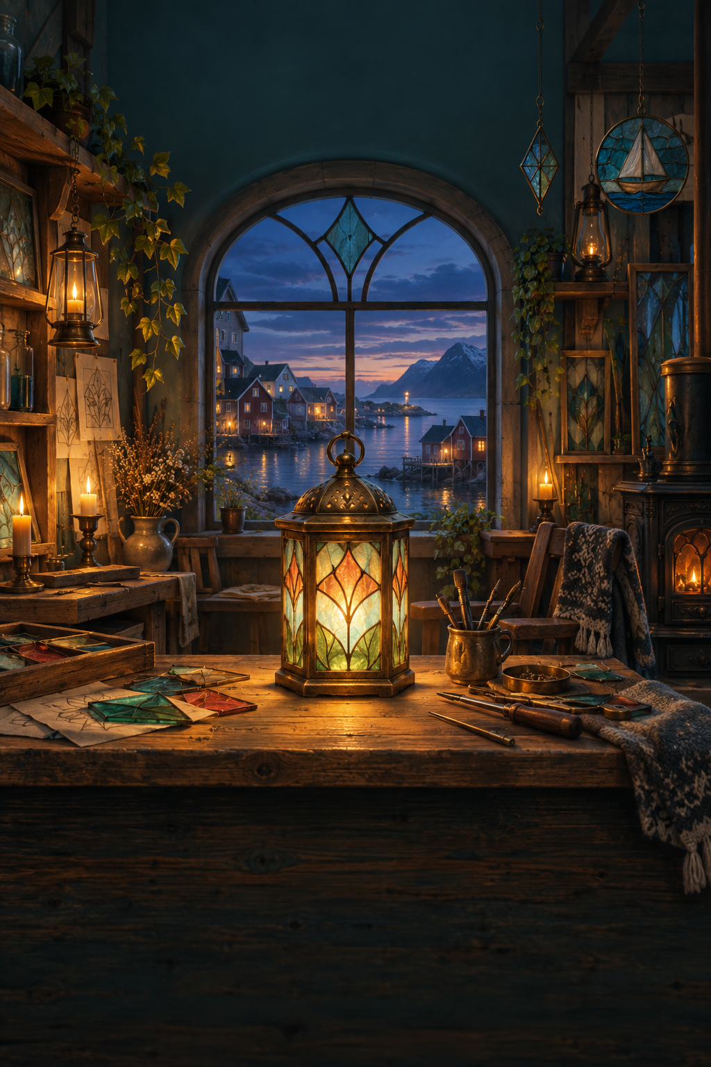 A warmly lit glass workshop overlooking a village and a mountain fjord at dusk.